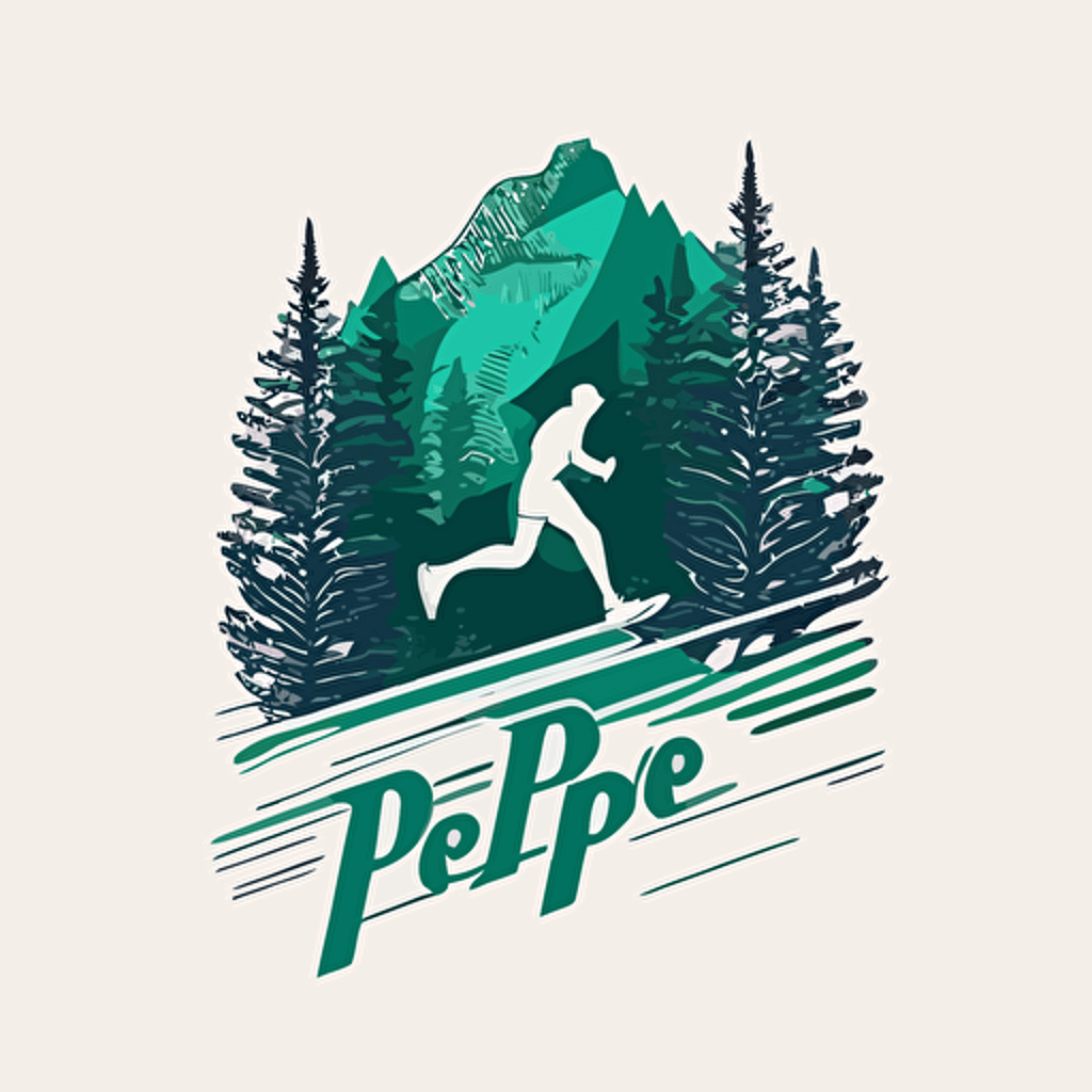 vector logo style pepole running in front of mountain pines blue and green