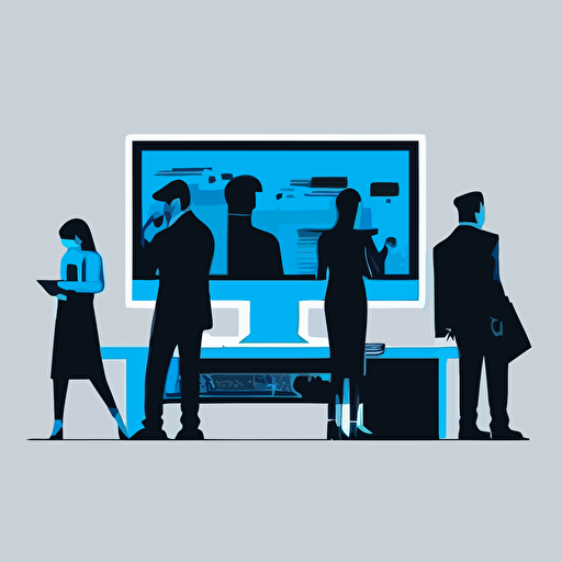 A minimalistic flat vector illustration of people buying in front of a computer, style: vector, iconic, ssilhouettes, only blue and black tones.