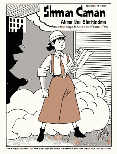 Ben Shahn, American comics inner paper style, no title. There are an Asian young climate activist, a delivery rider, a female human rights activist, and a worker, and they imagine a "hammer" together on a big stage, hammer illust in a thought cloud, non-letter illustration. white background, vector drawing.