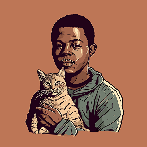 vector art style 28 year old namibian man, holding a cat, in the style of Micheal Parks