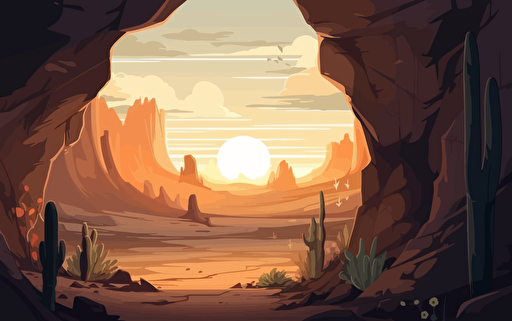 Looking out from the edge of a desert cave, filled partially with sand and rocks, looking out into a vast landscape of dunes of tall sand and cacti with mountain peaks in background with the sun shining through the clouds high quality cartoon style warm lighting early morning vibe vibrant dramatic lighting vector illustration
