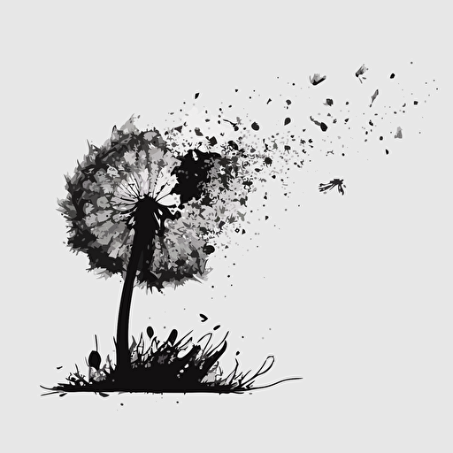 vector 2d image black ink dandelion left handside blowing in the wind away to the right