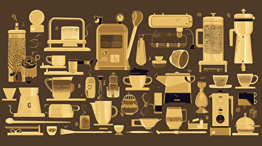 flat image, coffee shop accessories, beige, gold, vector