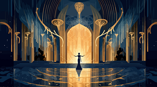 fritz lang inspired art deco ballroom with fountains. gold and blue colors, adobe illustrator vector art.
