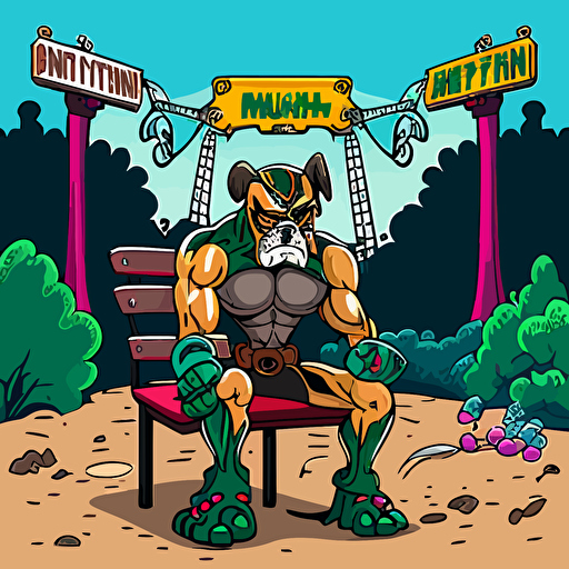 a human boxer dog mascot in street clothes, sitting in a chair facing front in the middle of the scene, in a vacant area, in the woods, large hill/mound in background, abandoned, large broken signage, shrubs, trees, bushes, roses, with a city landscape in the background, broken carnival rides, a demon spirit looking over the broken signage, vector logo, vector art, cartoon