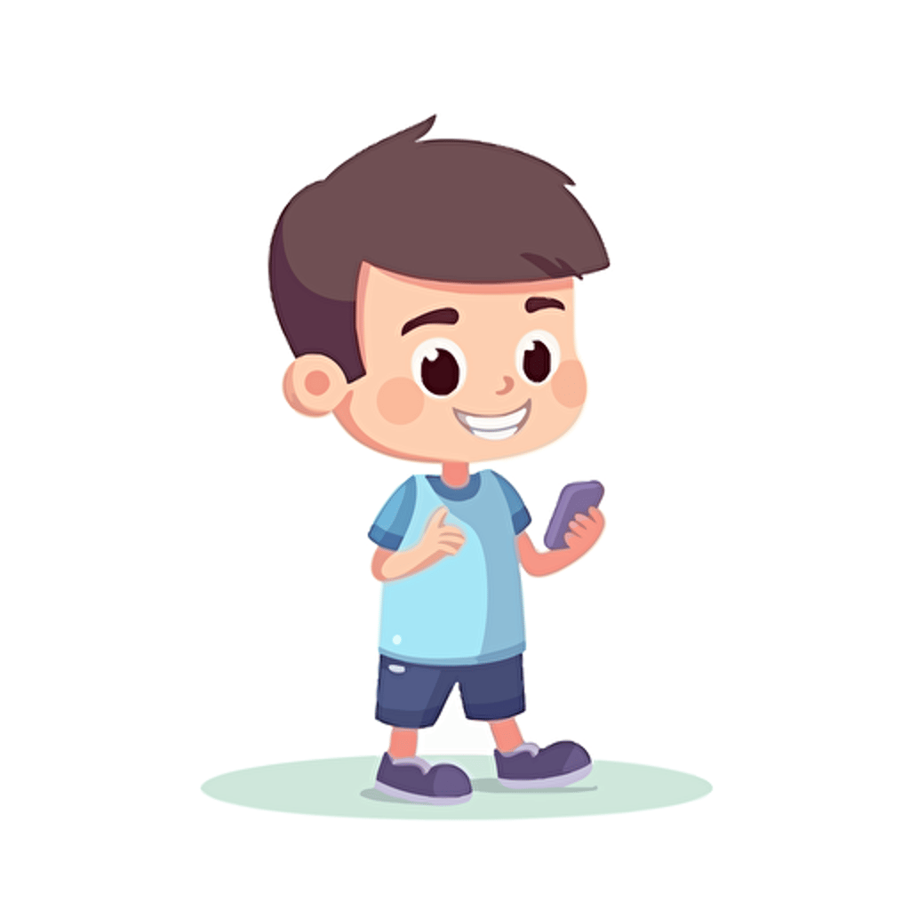 boy with a smartphone, simple vector, children book illustration, white background