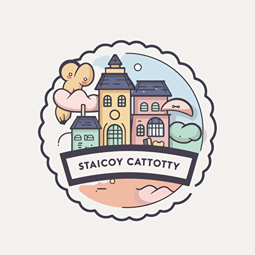 factory crafting story books, logo design, Sticker, Adorable, Pastel, Contour, Vector, White Background, Detailed