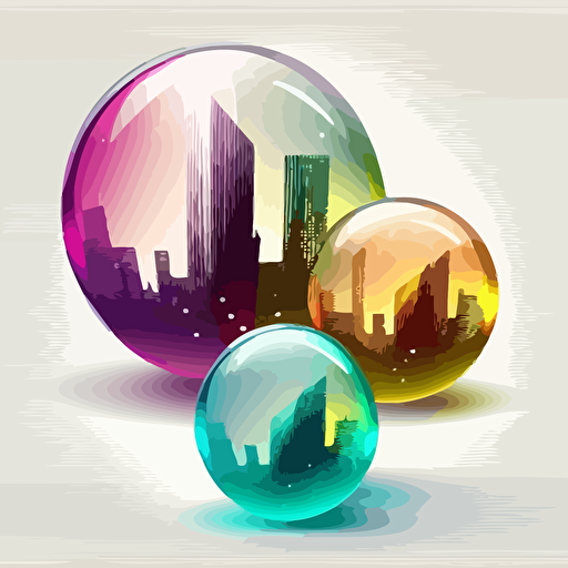 Several transparent balls with a city inside that roll. Vector styling. Very colored. White background