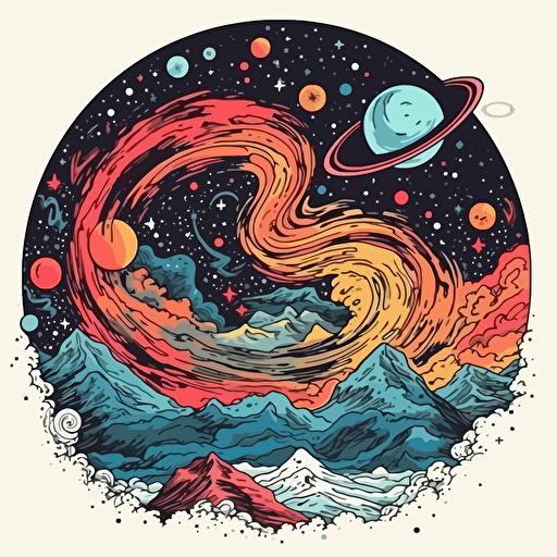 a beautiful astronomy design in detailed drawing style + simple vector + bright colors on a white background