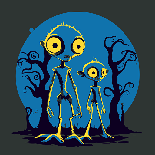 cartoon vector style, big eyed, cute, The Novians are humanoid beings with blue skin and glowing yellow eyes. They have long, slender fingers and toes, which are perfect for climbing the tall trees that cover their planet. They have a deep connection with nature and are known for their unique ability to communicate with the animals and plants on their planet