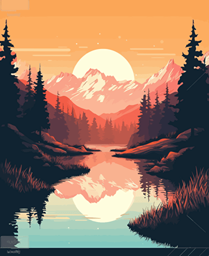 Idyllic sunrise behind an alpine mountain range, pine trees, snow capped mountains, tarn, vector illustration, Disney style