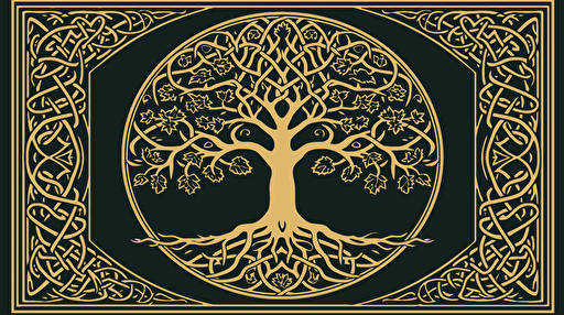 Celtic Tree of life rectangle rug design, simple shapes, spooky theme, vector, bordered, fill frame