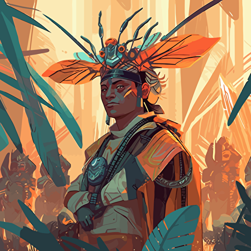 the leader of a nomadic tribe of bug-like creatures on a foreign jungle planet, his followers can be seen slightly blurred in the background behind him, close-up of his face and body as if talking to him, draped in his civilization's regal garb, flat vector illustration ar 16:9