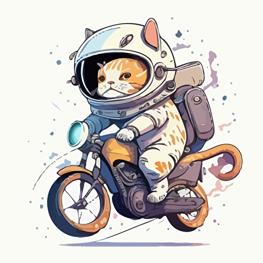 Astronaut cat riding a bike, cartoon style, vector, illustration, simple colors, white background