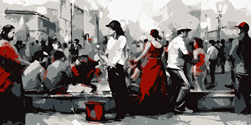 Passionate street performers and spectators, Red Black and white, Vector and oil paint poster art,