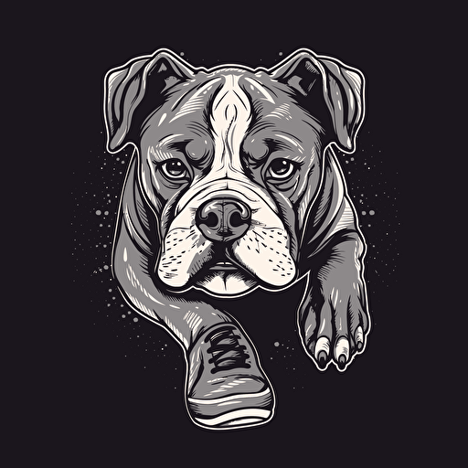 vector logo of American Bulldog, front facing. Dog has two front feet inside of running shoes. Black, white, and grayscale. Extra sharp detail.
