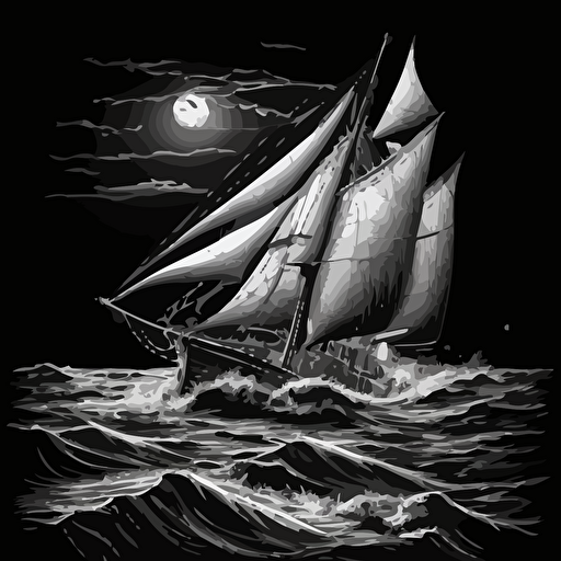 single-masted mono hull sailboat at night in rough seas, vector style