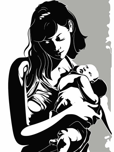 a beautiful mother chestfeeding her baby in her arms closely against her large pectorals, black and white vector with strong contrast on a solid white background