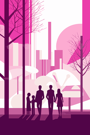 vector, minimalist, geometric, family, in front of the city of Nanterre in france, trees, orange, white,