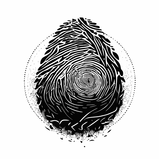 a futuristic pictorial iconic logo of a fingerprint interlaced with circuits, black vector on white background.