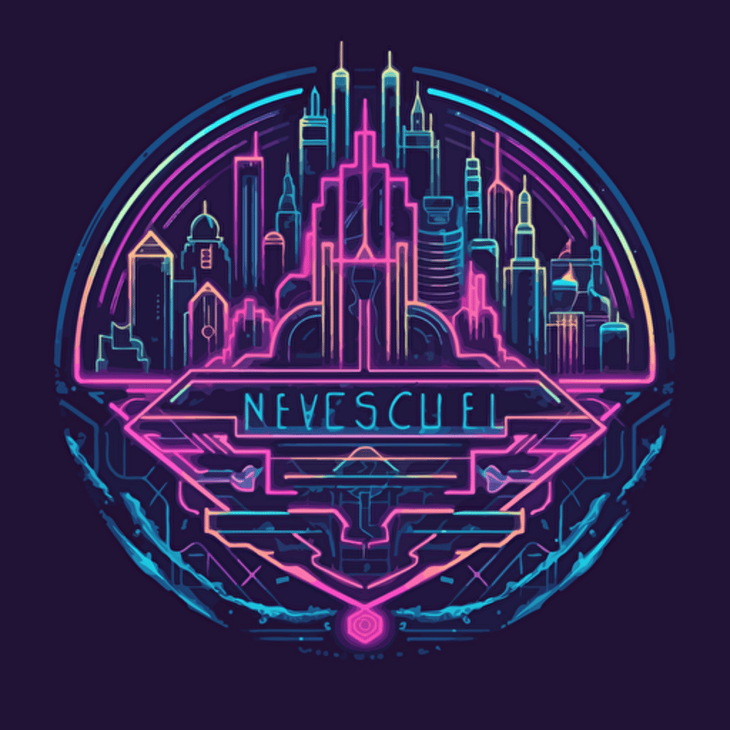 vector neon sign logo in 2d of a cityscape, in the style of neon art nouveau, cyberpunk artifacts and distortion overlay, detailed scientific subjects, adafruit, translucent color, thought-provoking, symmetrical arrangements, melancholic