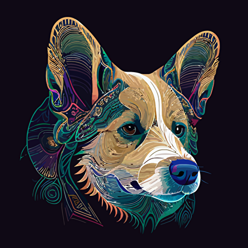 corgi head front on view only illustrative and vector only with intricate patterns and detail, vibrant colours