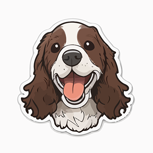 Cute, happy, smiling english springer spaniel dog head sticker logo, dog tongue out, chibi style, cartoon, clean, vector, 2d, white background, no accessories, without accessories, no text, without text