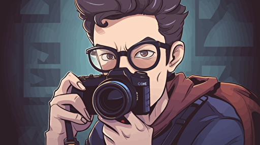 Shadowbanned on social media, high tec, cartoon, vector art. Man with black glasses on and tape on his mouth, with camera equiptment behind him