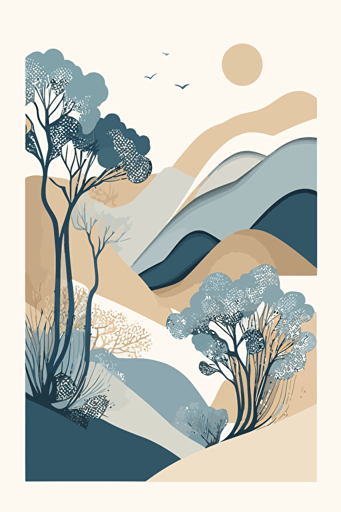Dusty blue and beige abstract landscape art, Minimalist, vector, contour