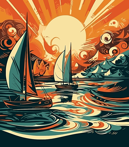 illustration of a scene representing a boat race, featuring a blend of Surrealism and Expressionism styles, vector