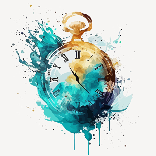 water color, abstract, vector, transparent background, simple golden pocketwatch with roman numerals, a minute hand, and an hour hand, modern