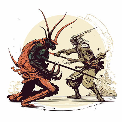 samurai vs alien design, ancient japan science fiction, frank miller style, 2d, vector, white background