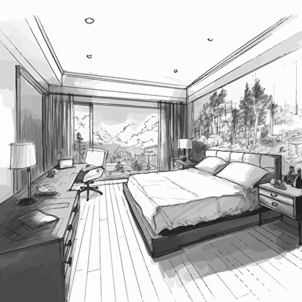 modern bedroom vector line drawing ar 16:9