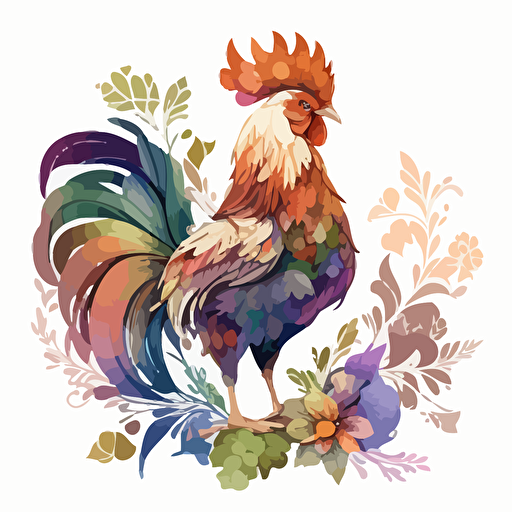 rooster made of watercolor flowers, Sticker, Cheerful, Earthy, Digital Art, Contour, Vector, White Background, Detailed