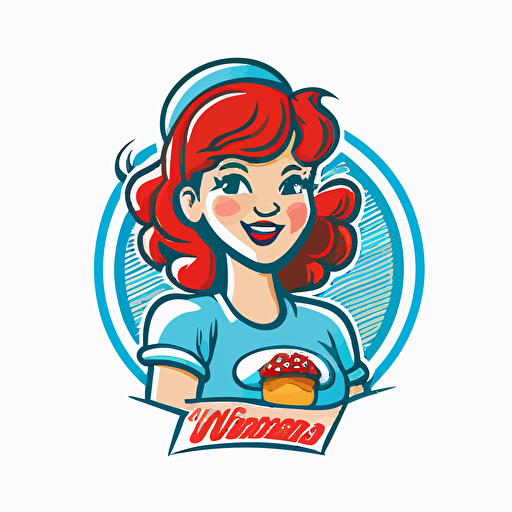 color vector logo similiar to Wendy's fast food cheeseburgers red headed girl mascot with blue eyes simple flat 2d
