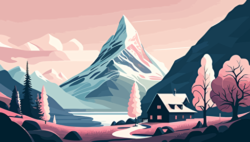 a pretty Switzerland mountain landscape illustration, digital art, vector art, cute, pretty, simple, Zermatt, Christoph Niemann, light pinks blues and greens