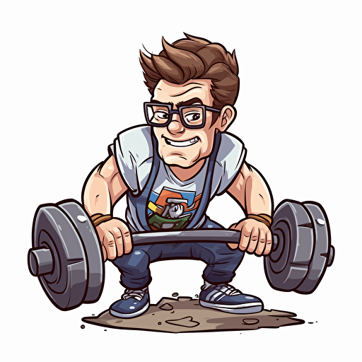 a video gamer nerd with glasses and wearing a video game headset doing dead lifts with heavy weight fighting through the pain because he knows it will make him stronger, sticker, cartoon, 2D, Vector, contour, white background, detailed, s