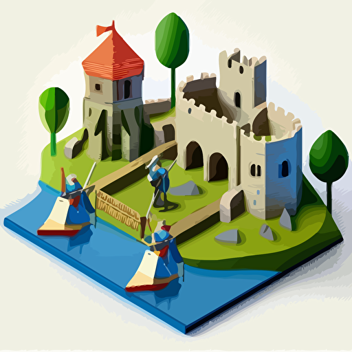 a presentation with a castle showing defense layers, vector art, illustration, moat, draw bridge, guards, archers