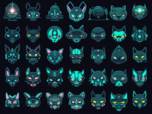 All angles game sprite sheet of cyberpunk futuristic sci-fi masks for space-cats, collection sheet, 2d game sprite, asset store, 2D flat cartoon vector game design