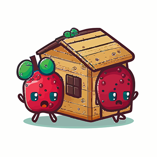 two cranberry fruit merging into a wooden house with a flat roof, Sticker, Adorable, Cool Colors, Pixar, Contour, Vector, White Background