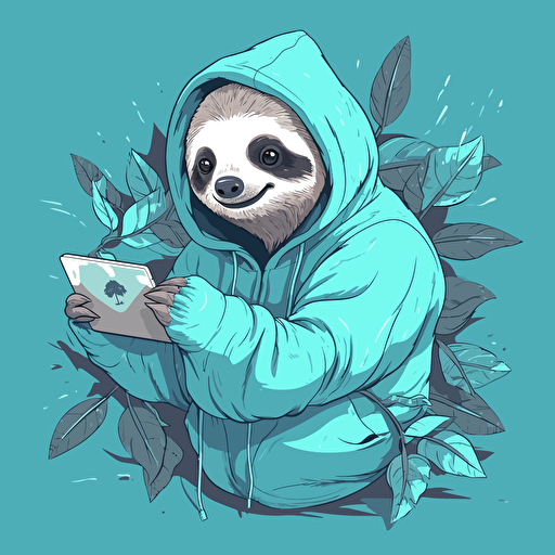 Simple vector image, of sloth holding in a hoodie, holding computer, Hanging on tree vine, cyan color scheme,