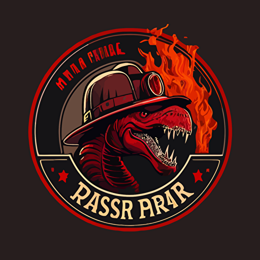 Jurassic park logo, the dinosaur is a fire fighter, vector art, flat, round