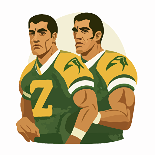 two brothers, looking tough,champions, wearing green and yellow, wearing an oblong brown football, sports logo style, white background, vector