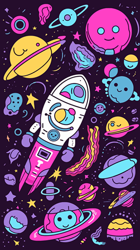 beautiful art expression in vector art, space themed, cartoon style, objects with a black stroke, beautiful colors, pastel and neon background