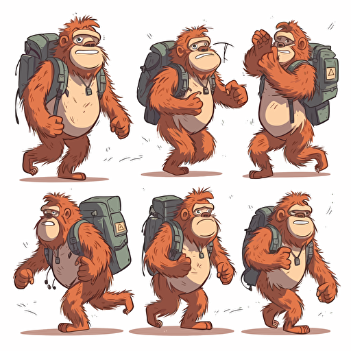 cute childish bigfoot with backpack on his back , vector style, multiple poses and expressions, white background