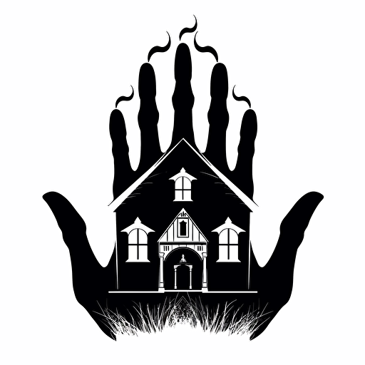 hands arranged in a way that resembles the shape of a house with a window and a crown on top, black on white, vector, icon, negative