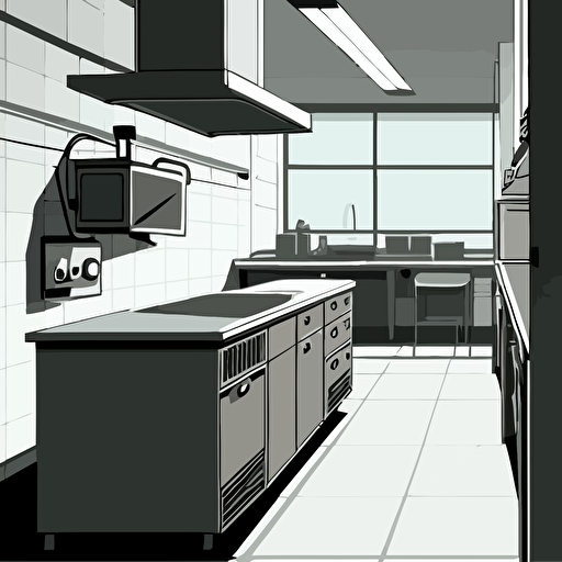 illustration of industrial kitchen, silver countertops, white walls, vector illustration, cartoonish, detailed