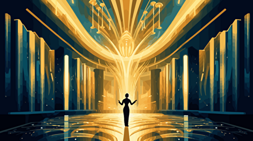 fritz lang inspired art deco ballroom with fountains. gold and blue colors, adobe illustrator vector art.