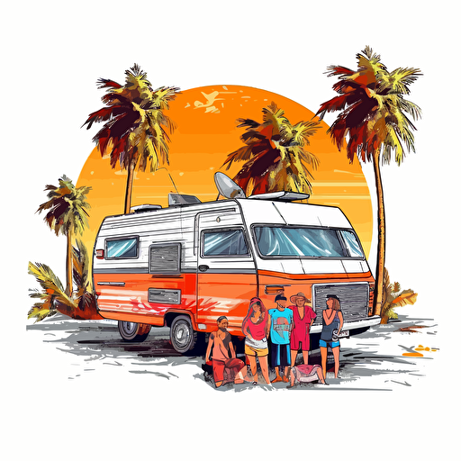vivid color vector drawing of camping camper van, karavan, with a happy family, beachside, close to the sea, palms, on white background