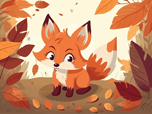 One day, a little leaf named Líza was born in the forest. She was an extremely cute little fox with shiny red-brown fur and big, cute eyes, vector illustration for kids, beautiful details,